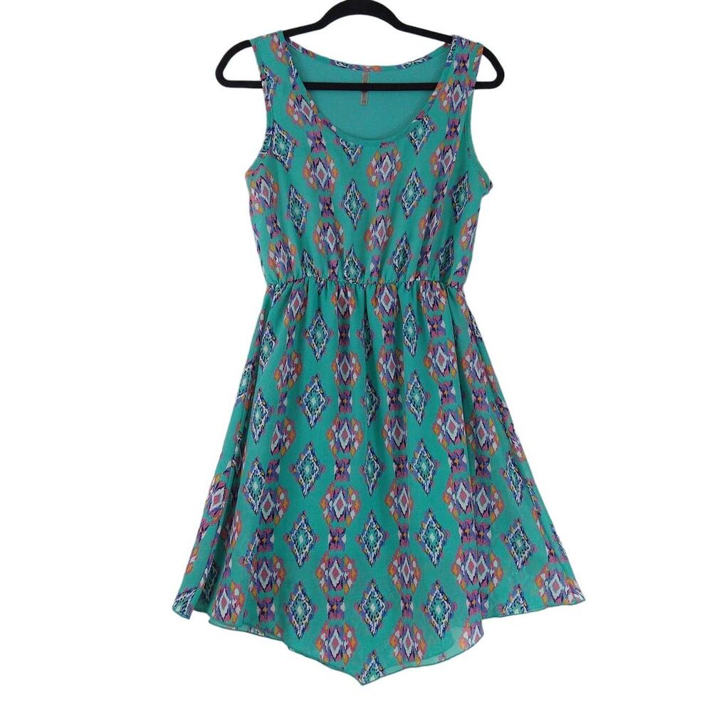 Womens Medium Flowy Dress Green Tribal Pattern Sleeveless Scoop Neck Espresso
